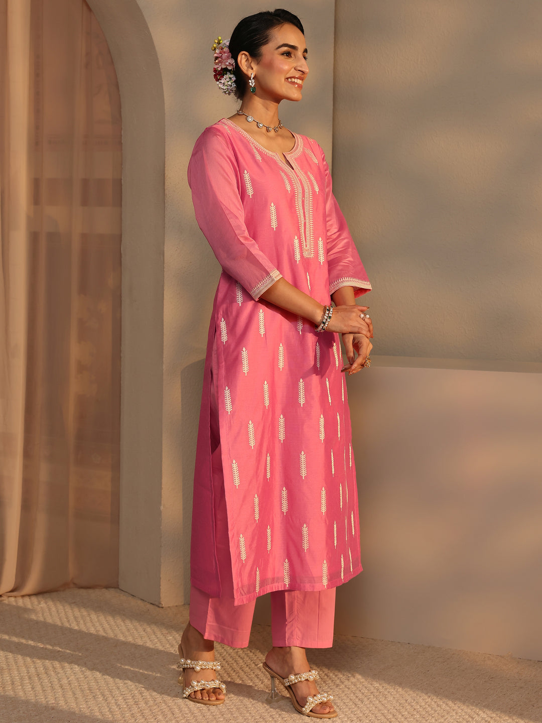  Libas Art Coral Embroidered Silk Blend Straight Suit Set With Dupatta 