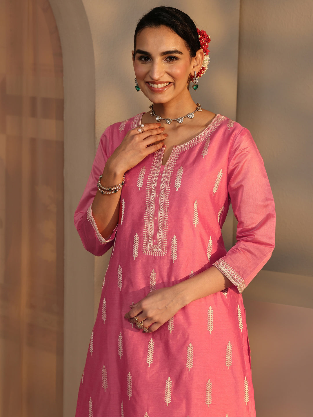  Libas Art Coral Embroidered Silk Blend Straight Suit Set With Dupatta 
