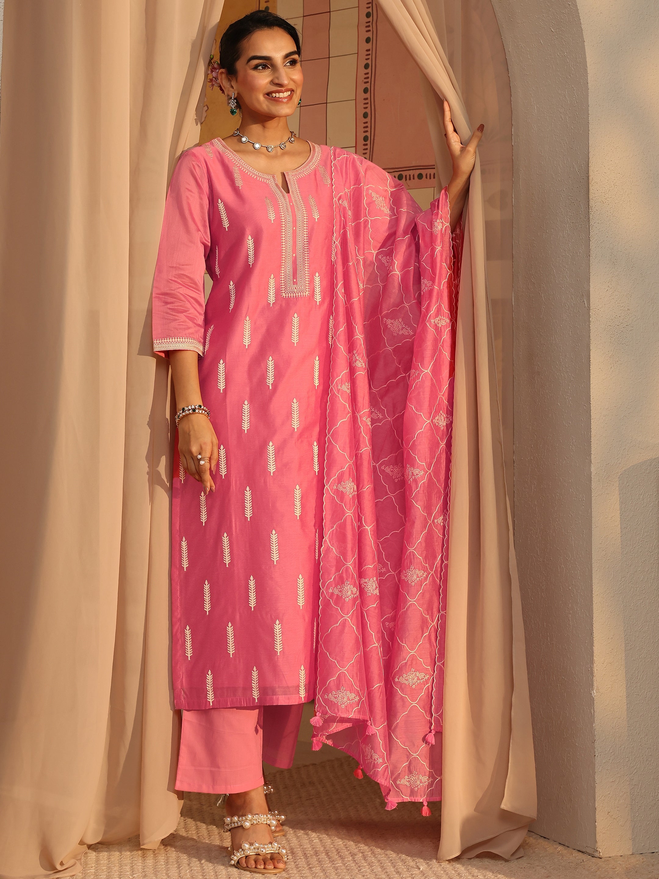 Libas Art Coral Embroidered Silk Blend Straight Suit Set With Dupatta-picture-64