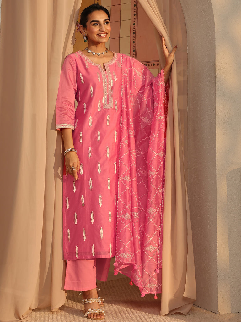 Libas Art Coral Embroidered Silk Blend Straight Suit Set With Dupatta