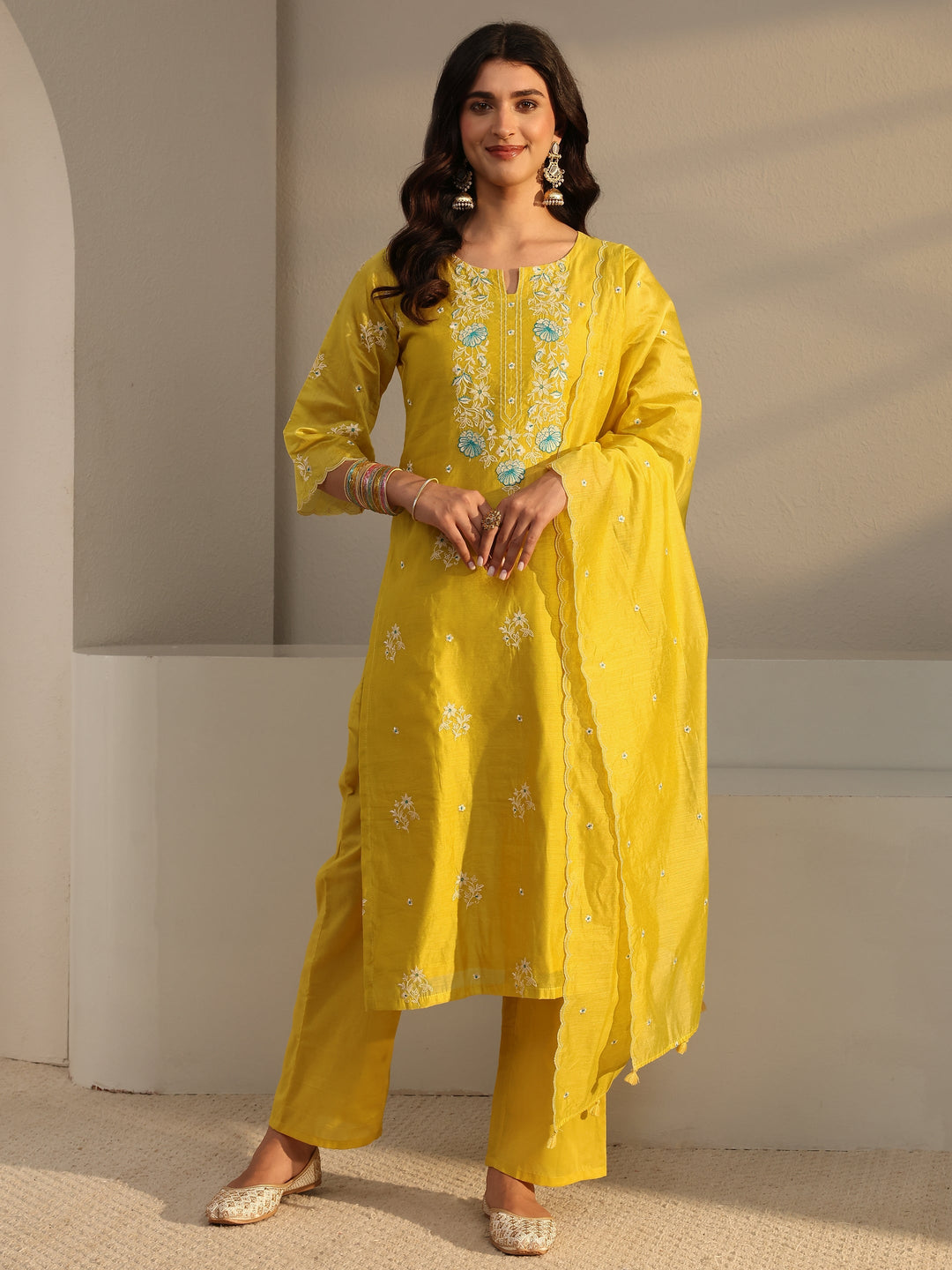  Libas Art Yellow Embroidered Silk Blend Straight Suit Set With Dupatta 