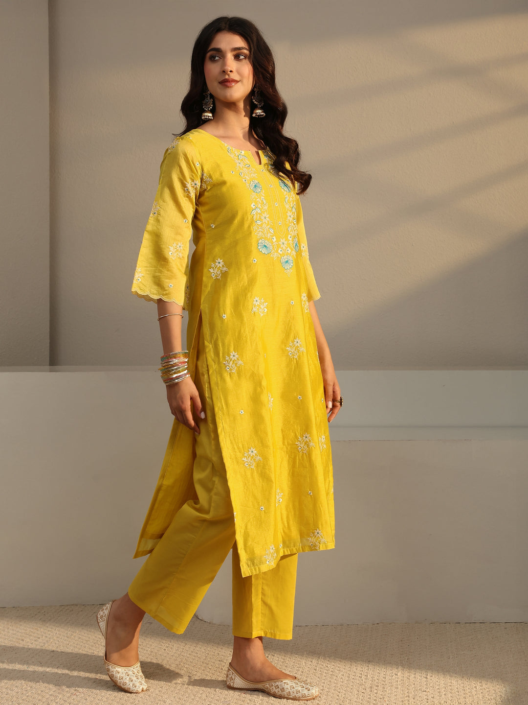  Libas Art Yellow Embroidered Silk Blend Straight Suit Set With Dupatta 