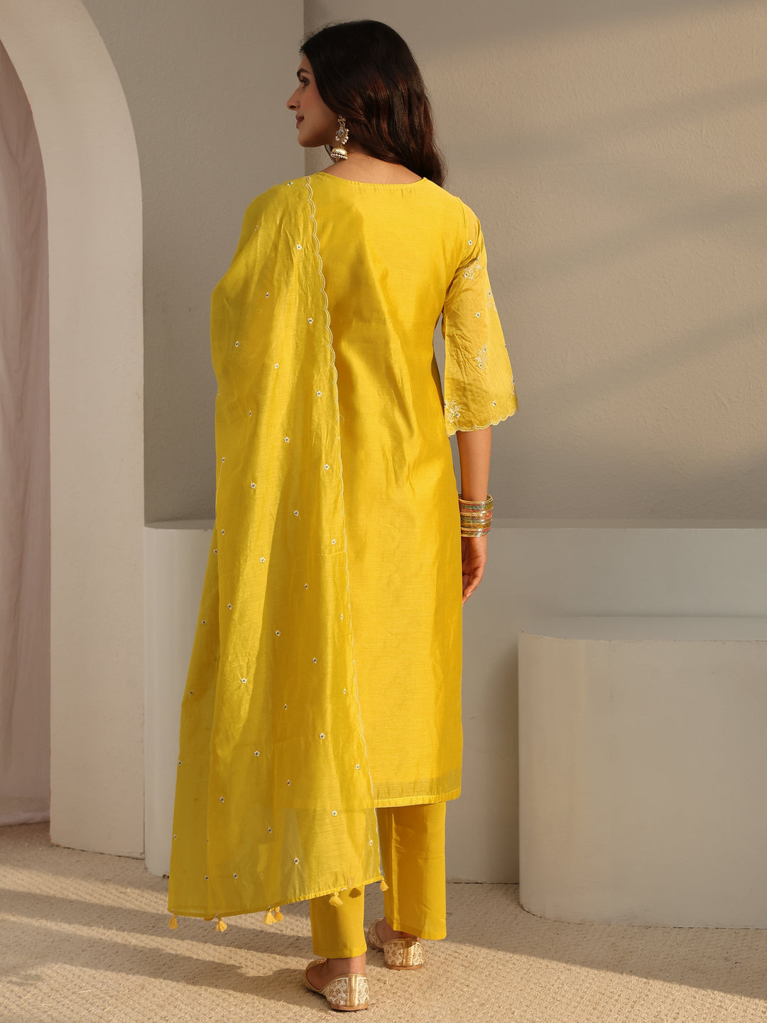  Libas Art Yellow Embroidered Silk Blend Straight Suit Set With Dupatta 