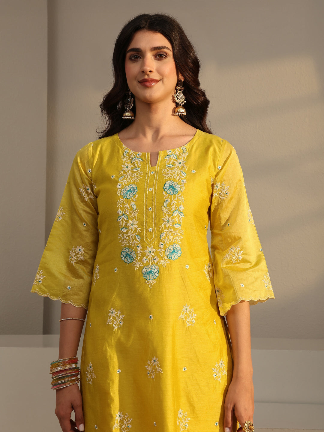  Libas Art Yellow Embroidered Silk Blend Straight Suit Set With Dupatta 