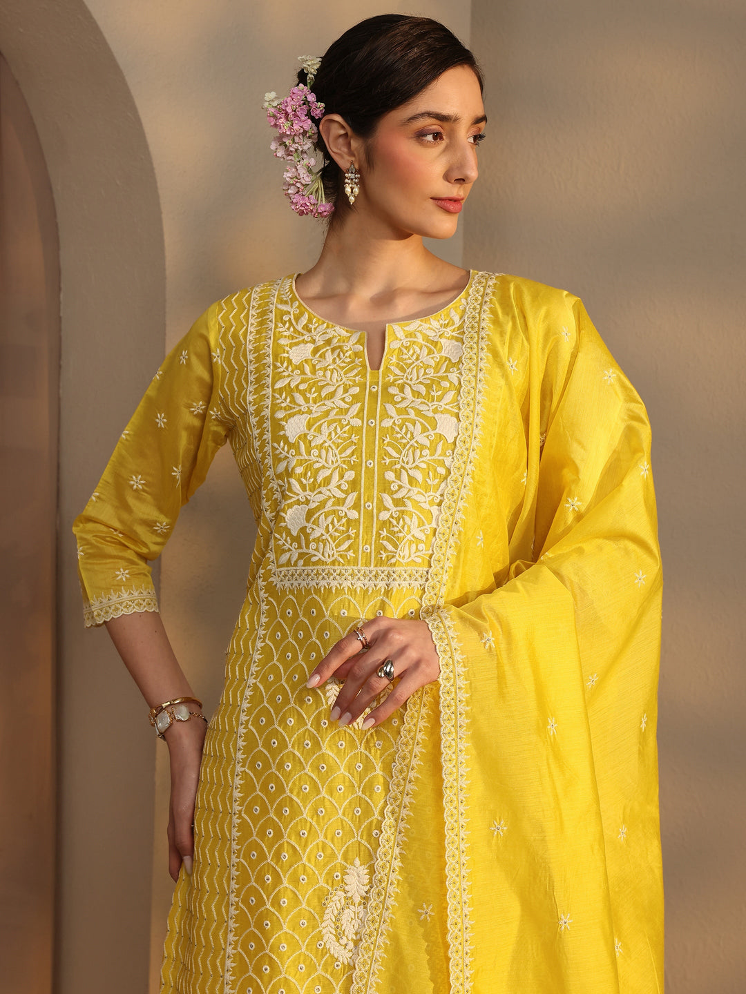 Libas Art Yellow Floral Embroidered Silk Blend Straight Suit Set With Dupatta 
