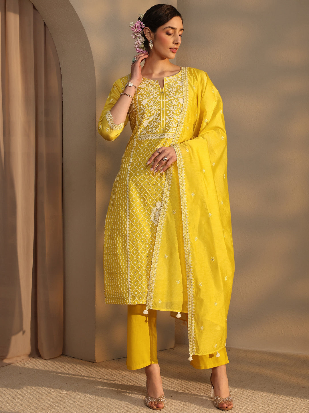  Libas Art Yellow Floral Embroidered Silk Blend Straight Suit Set With Dupatta 
