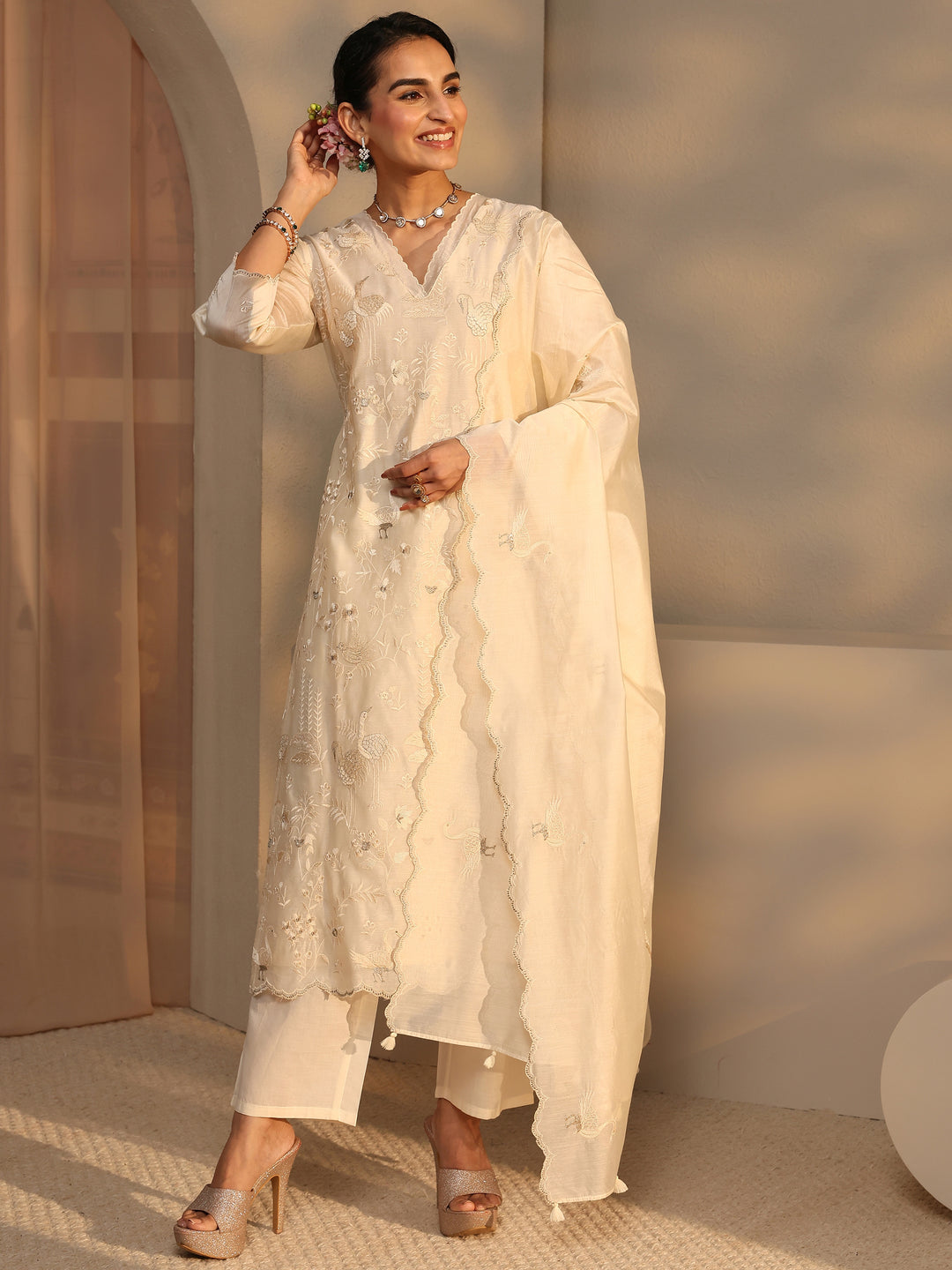  Libas Art Ivory Embroidered Silk Blend Straight Suit Set With Dupatta 