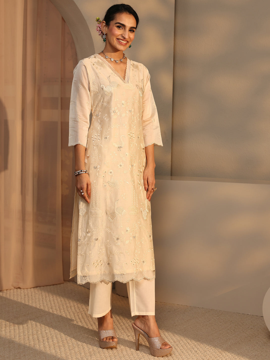  Libas Art Ivory Embroidered Silk Blend Straight Suit Set With Dupatta 