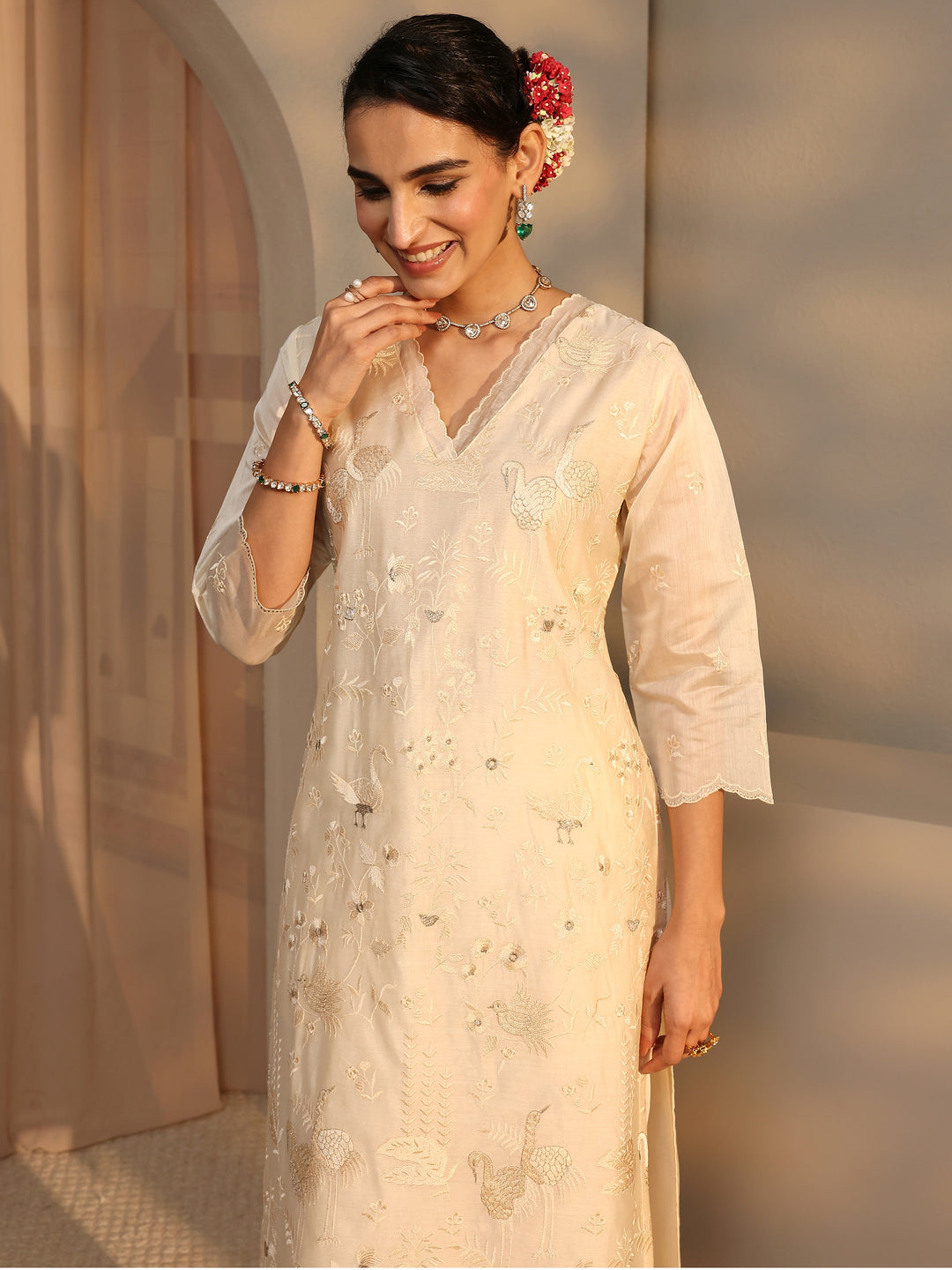  Libas Art Ivory Embroidered Silk Blend Straight Suit Set With Dupatta 