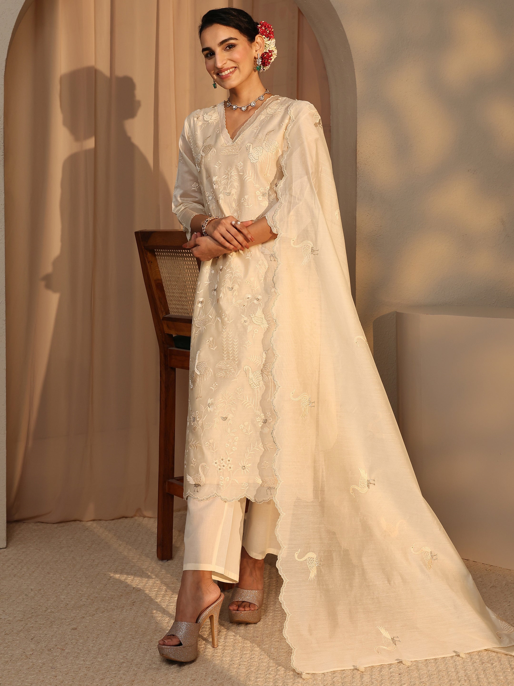 Libas Art Ivory Embroidered Silk Blend Straight Suit Set With Dupatta-picture-10