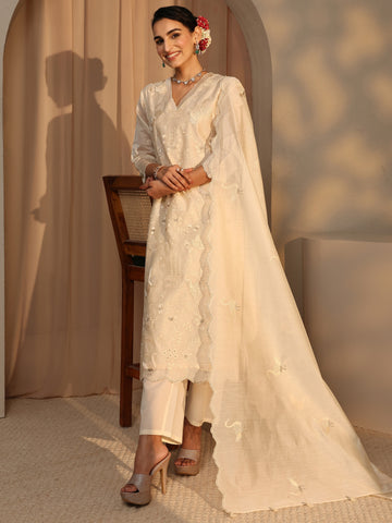 Libas Art Ivory Embroidered Silk Blend Straight Suit Set With Dupatta