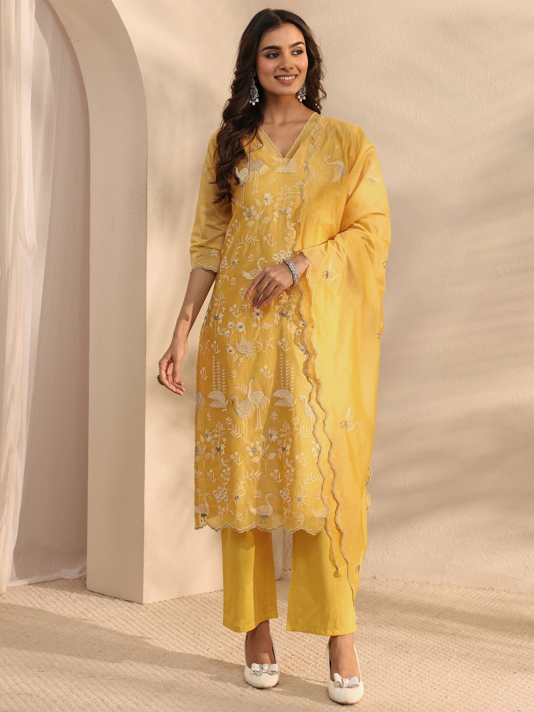 Libas Art Yellow Embroidered Silk Blend Straight Suit Set With Dupatta 