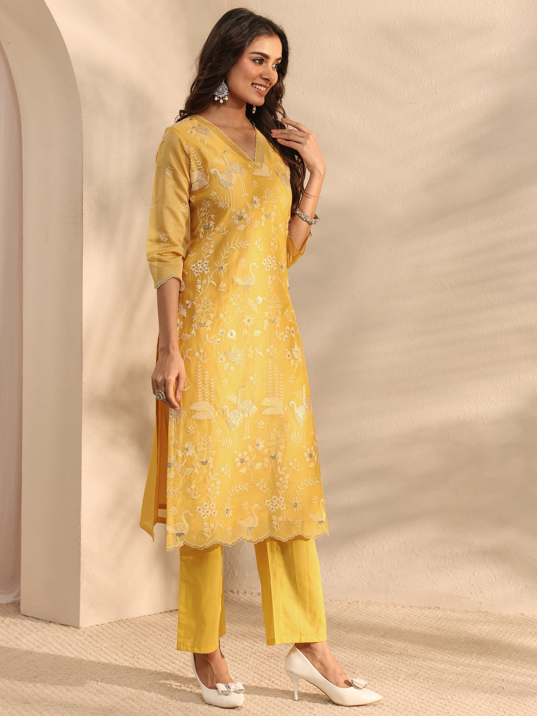 Libas Art Yellow Embroidered Silk Blend Straight Suit Set With Dupatta 