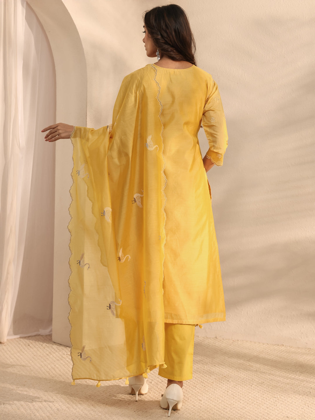  Libas Art Yellow Embroidered Silk Blend Straight Suit Set With Dupatta 