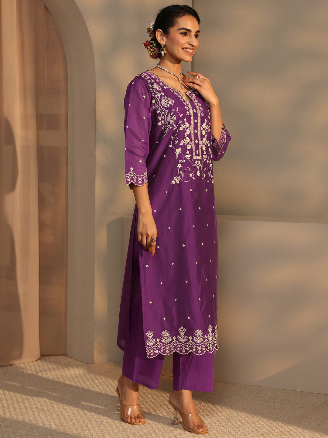  Libas Art Floral Embroidered Silk Blend Straight Suit Set With Dupatta 