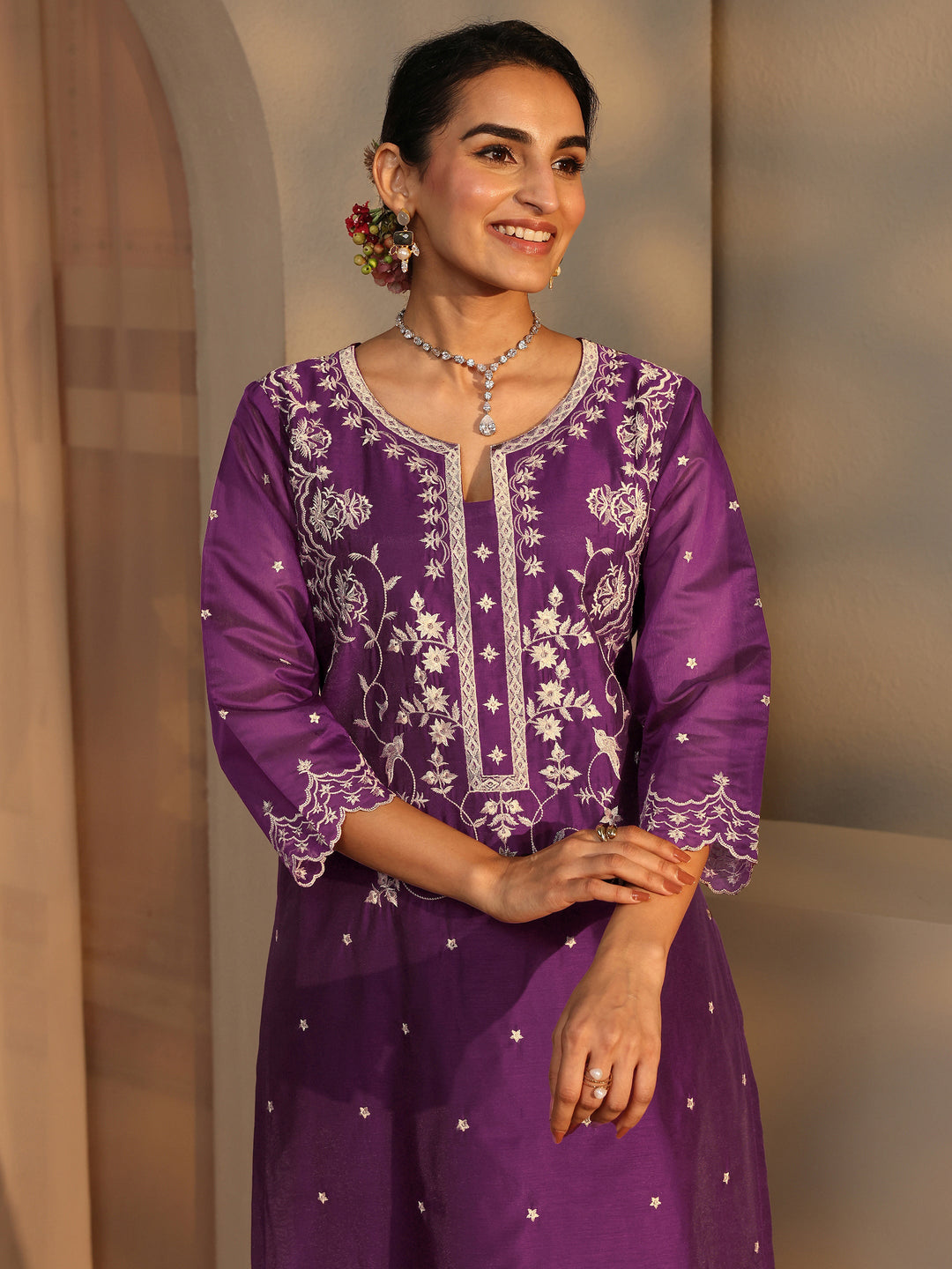  Libas Art Floral Embroidered Silk Blend Straight Suit Set With Dupatta 