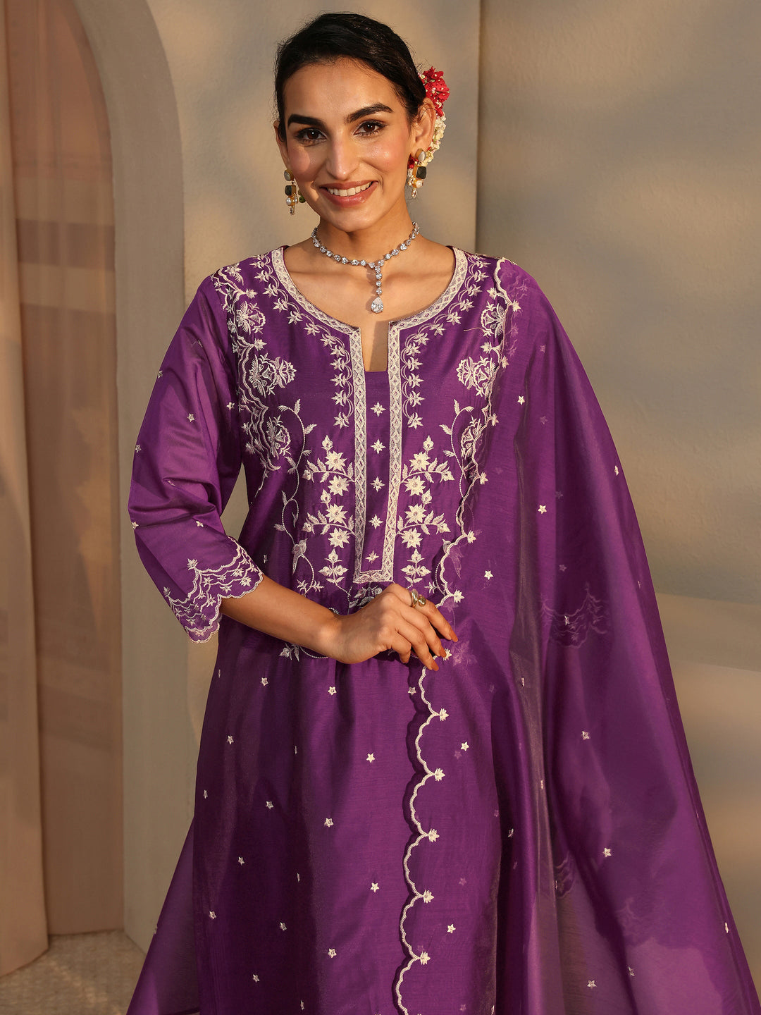  Libas Art Floral Embroidered Silk Blend Straight Suit Set With Dupatta 
