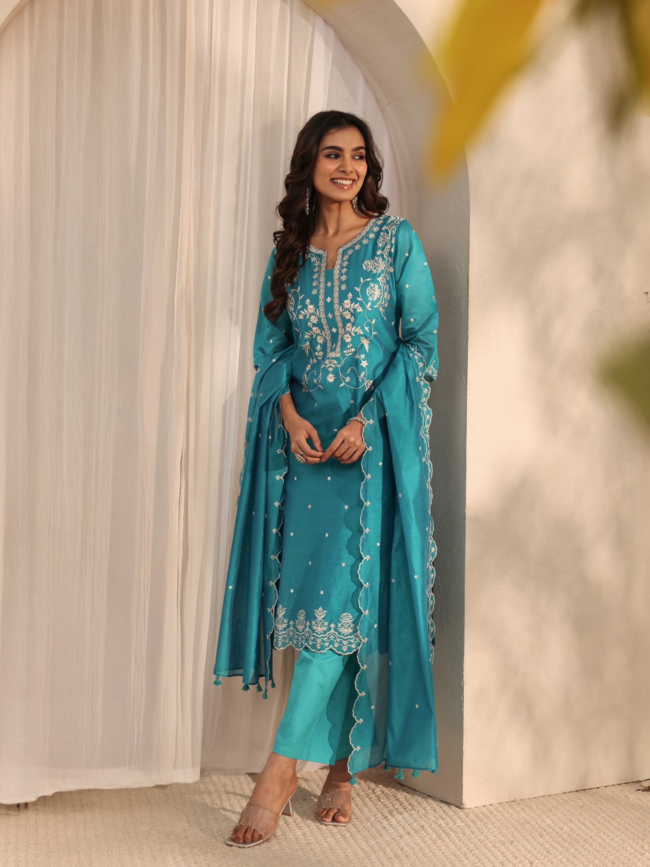 Libas Art Blue Embroidered Silk Blend Straight Suit Set With Dupatta-picture-25