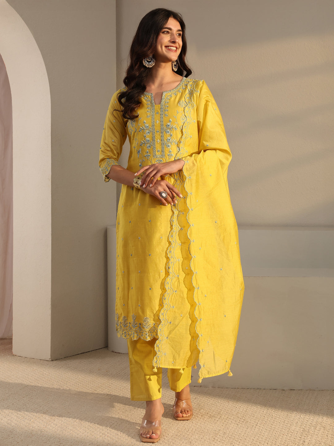  Libas Art Yellow Embroidered Silk Blend Straight Suit Set With Dupatta 