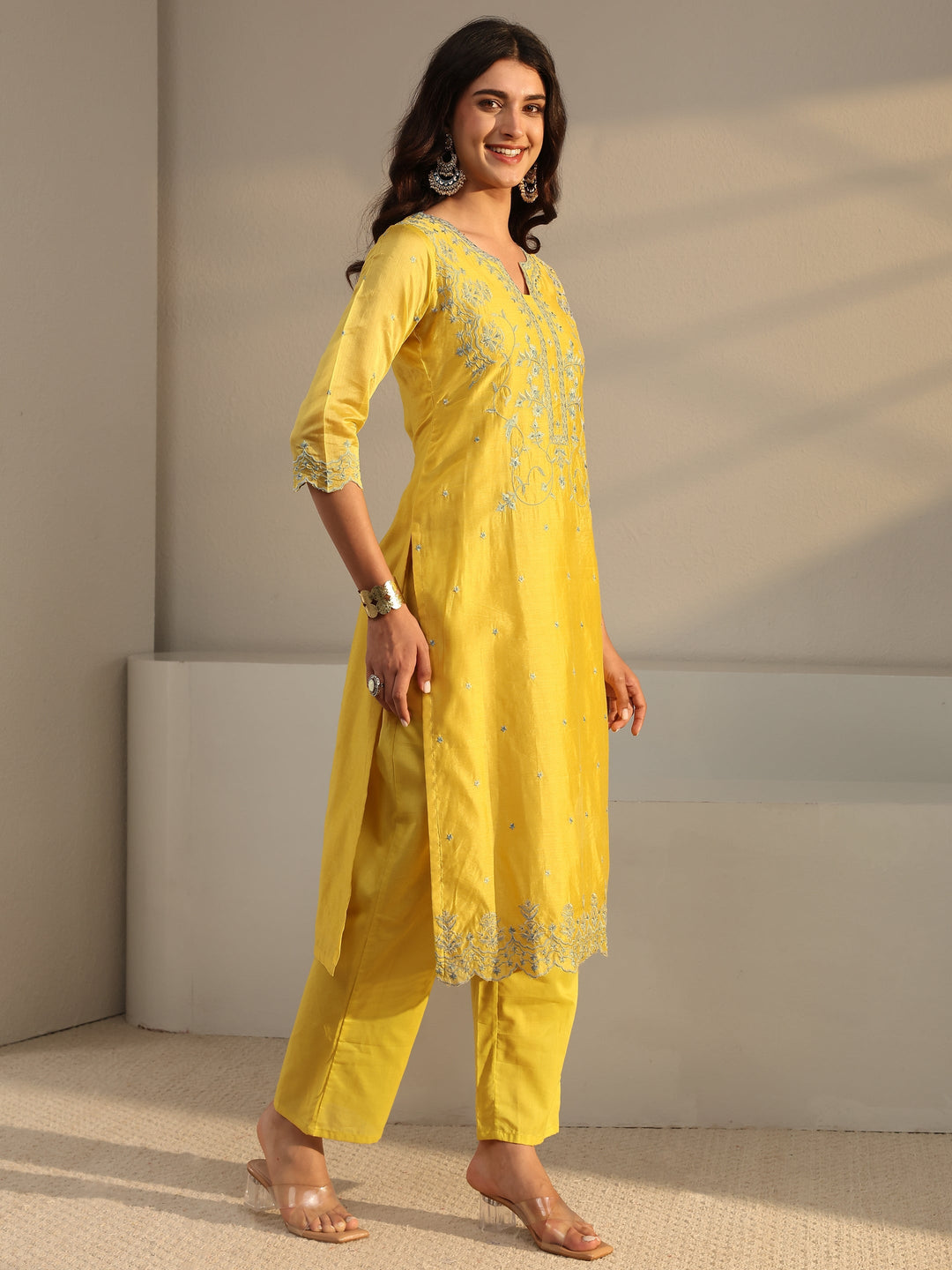  Libas Art Yellow Embroidered Silk Blend Straight Suit Set With Dupatta 