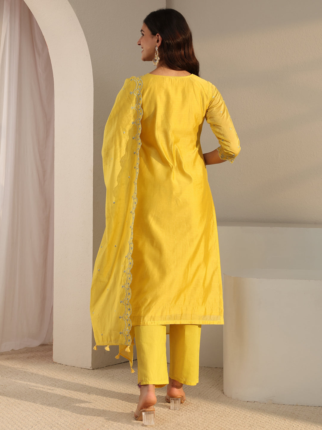  Libas Art Yellow Embroidered Silk Blend Straight Suit Set With Dupatta 