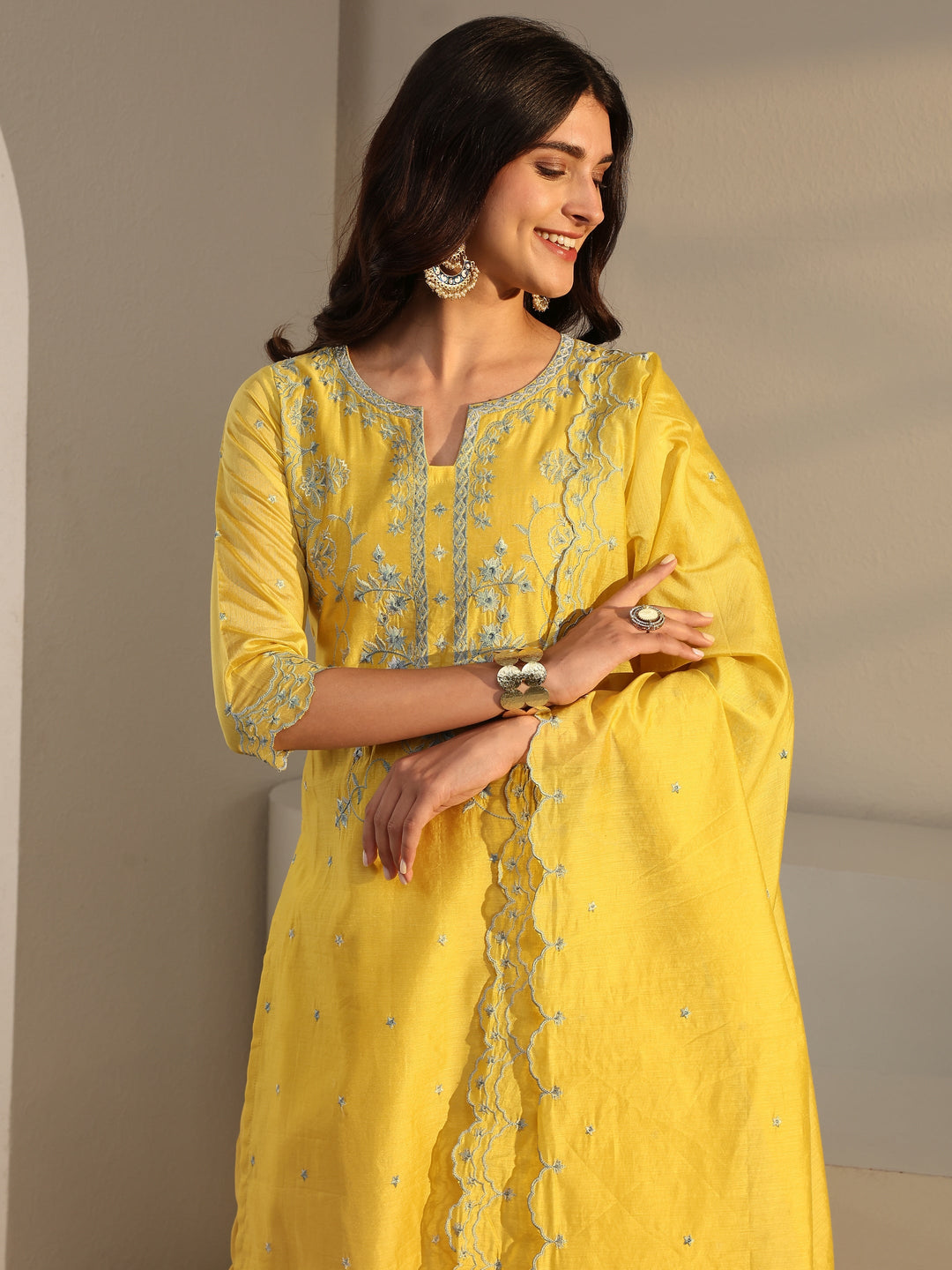  Libas Art Yellow Embroidered Silk Blend Straight Suit Set With Dupatta 