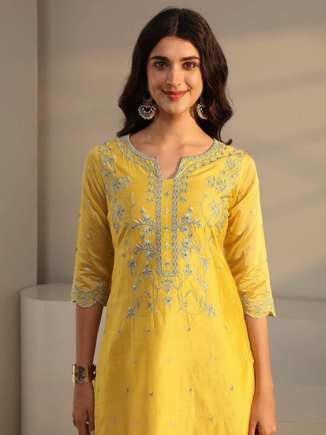 Libas Art Yellow Embroidered Silk Blend Straight Suit Set With Dupatta 