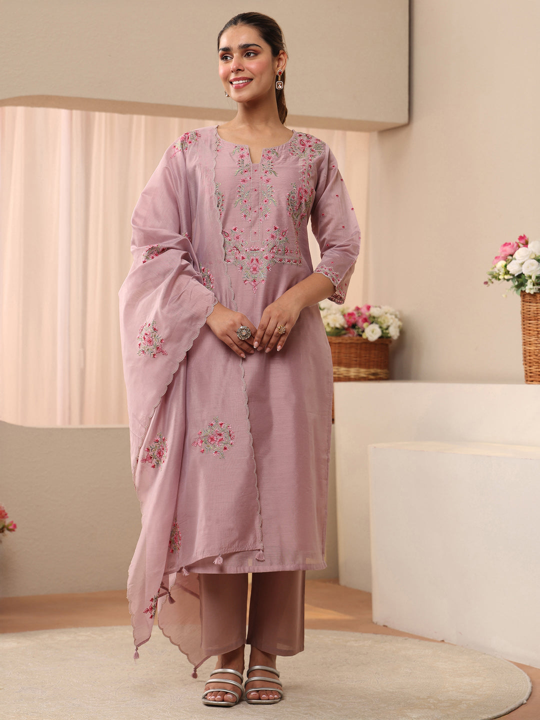  Libas Art Lavender Floral Embroidered Silk Blend Straight Suit Set 