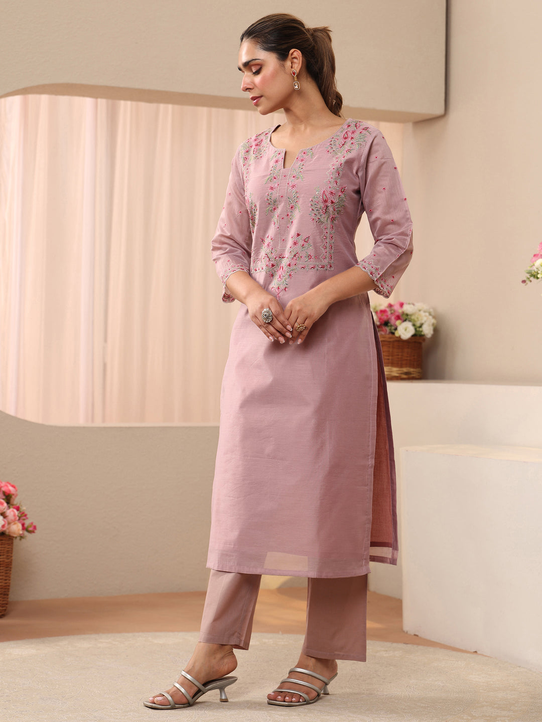  Libas Art Lavender Floral Embroidered Silk Blend Straight Suit Set 