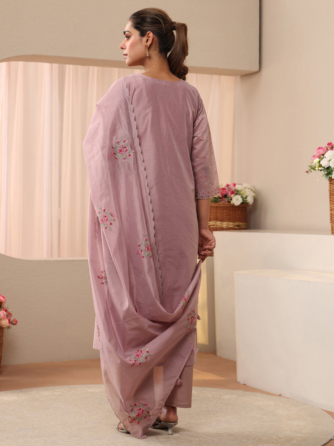  Libas Art Lavender Floral Embroidered Silk Blend Straight Suit Set 