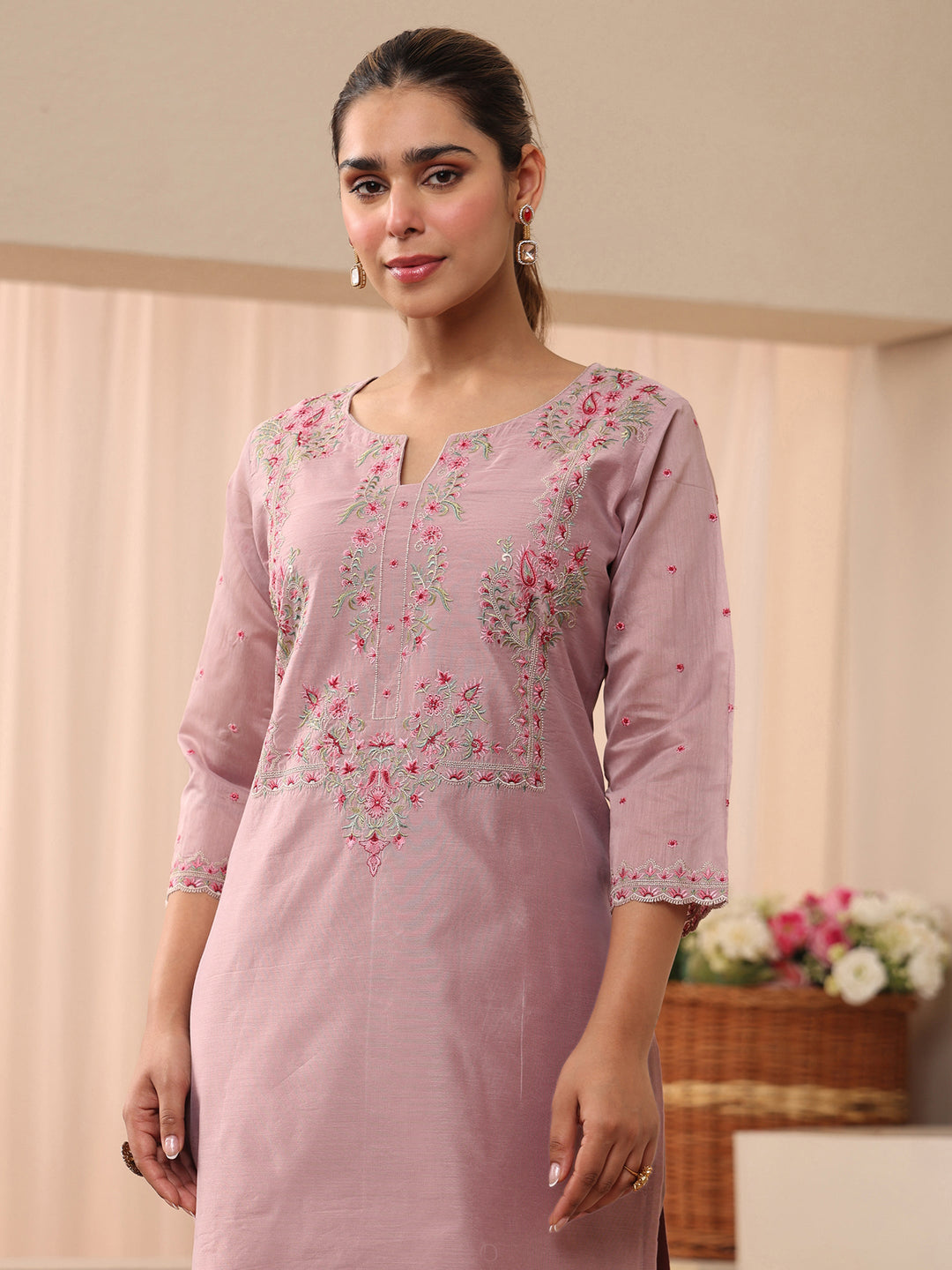  Libas Art Lavender Floral Embroidered Silk Blend Straight Suit Set 