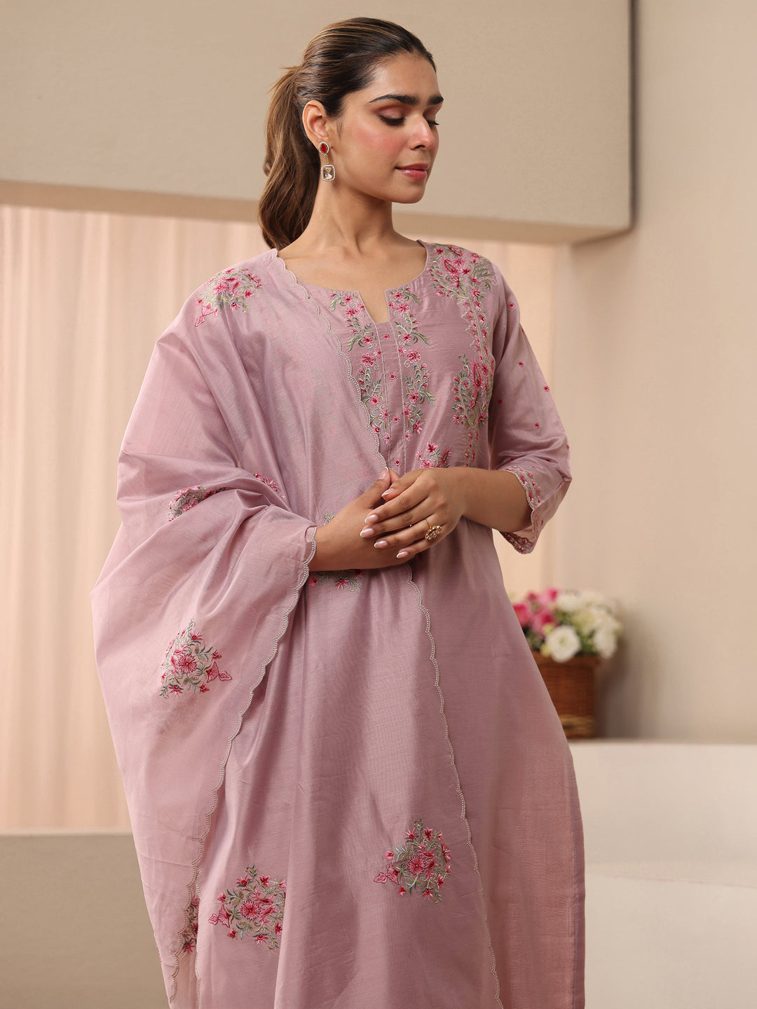 Libas Art Lavender Floral Embroidered Silk Blend Straight Suit Set 