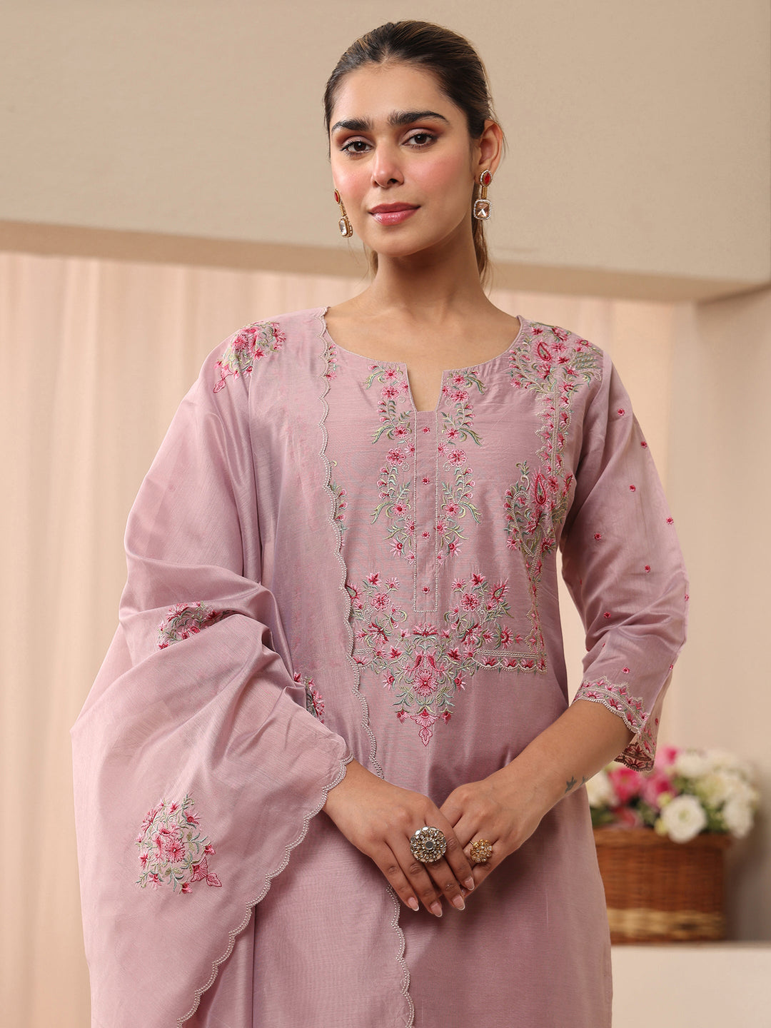  Libas Art Lavender Floral Embroidered Silk Blend Straight Suit Set 