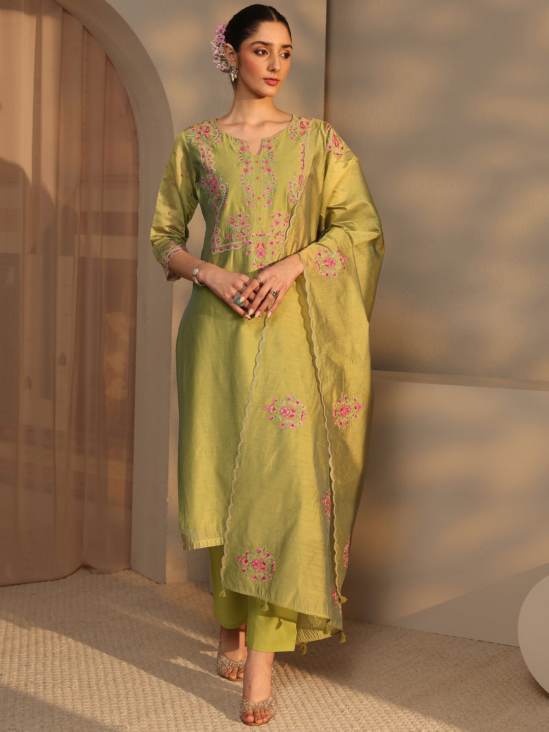  Libas Art Olive Floral Embroidered Silk Blend Straight Suit Set With Dupatta 