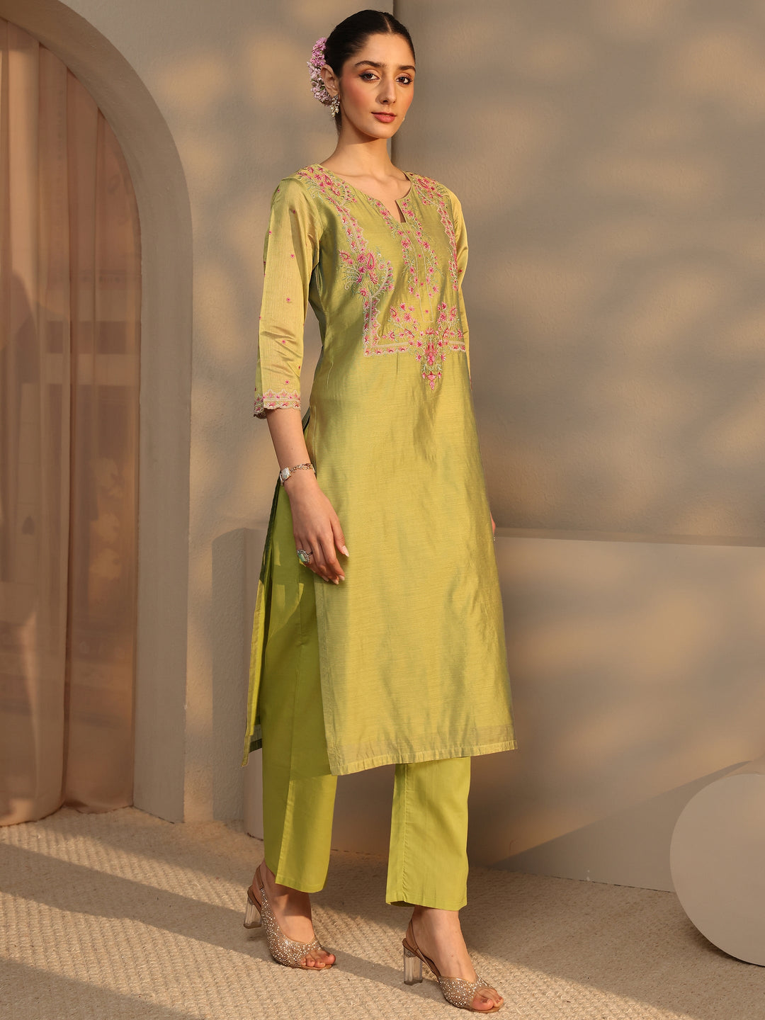  Libas Art Olive Floral Embroidered Silk Blend Straight Suit Set With Dupatta 