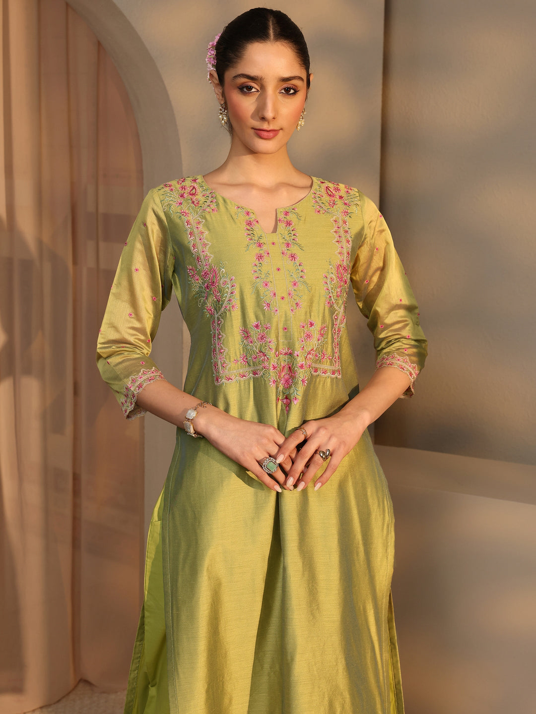  Libas Art Olive Floral Embroidered Silk Blend Straight Suit Set With Dupatta 