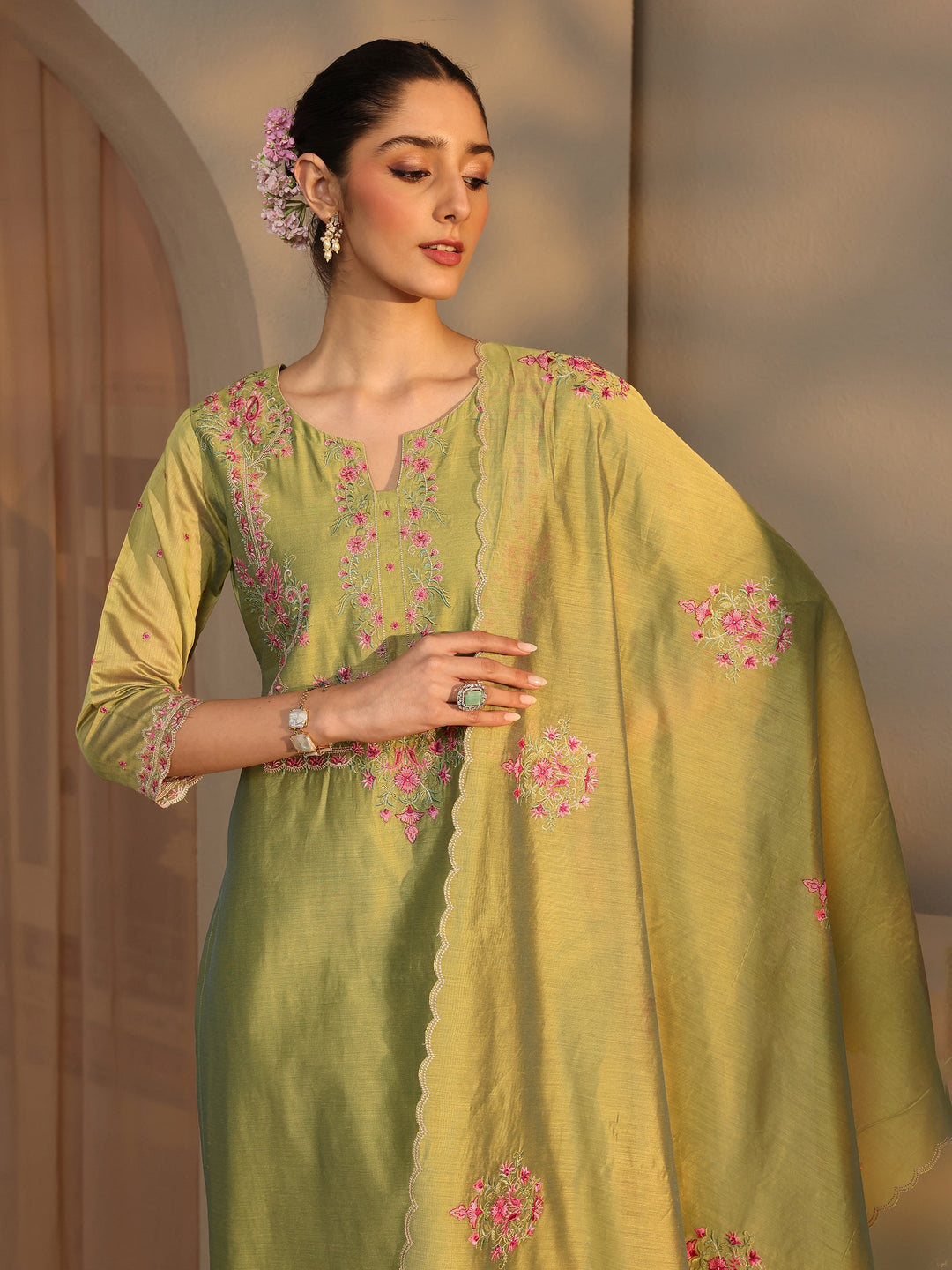  Libas Art Olive Floral Embroidered Silk Blend Straight Suit Set With Dupatta 
