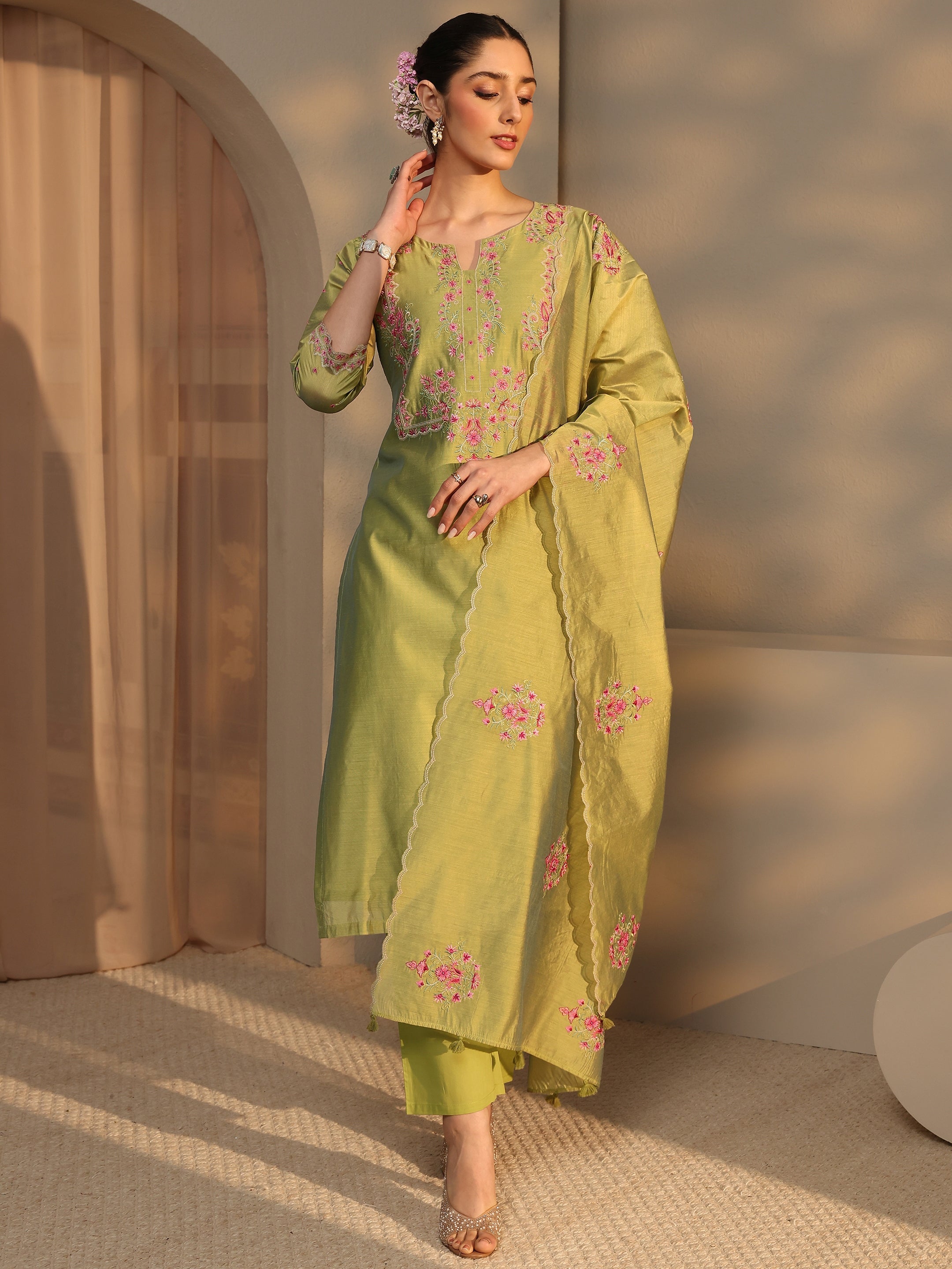 Libas Art Olive Floral Embroidered Silk Blend Straight Suit Set With Dupatta-picture-27
