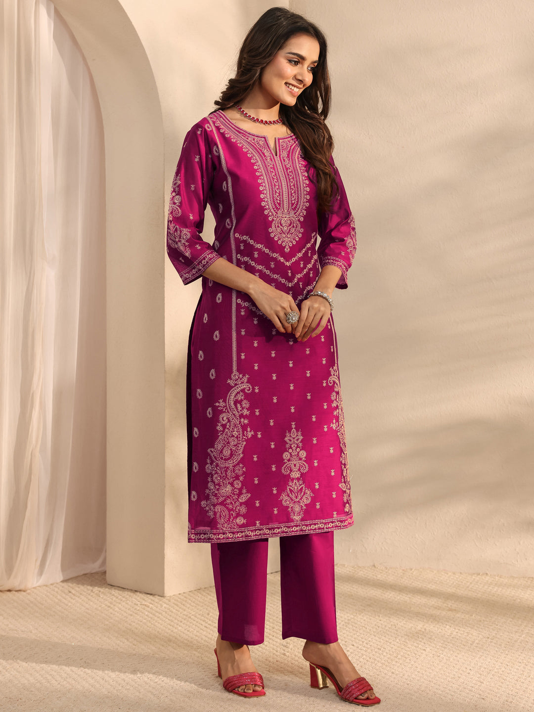  Libas Art Magenta Embroidered Silk Blend Straight Suit Set With Dupatta 
