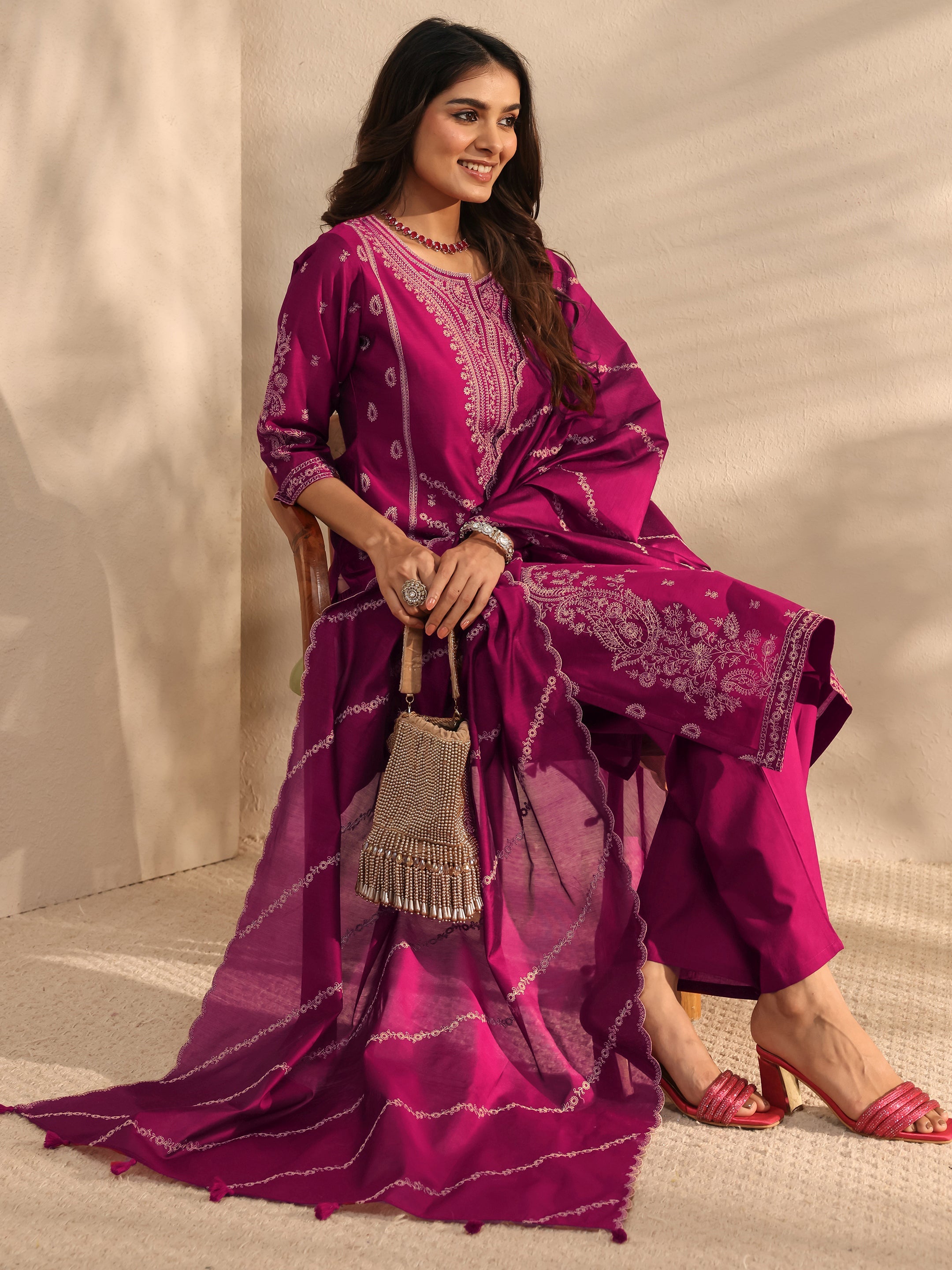 Libas Art Magenta Embroidered Silk Blend Straight Suit Set With Dupatta-picture-11