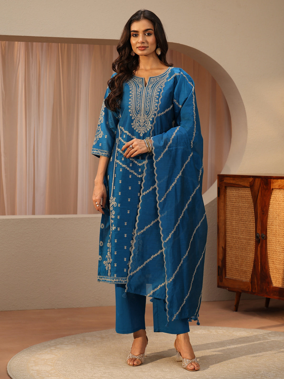  Libas Art Blue Ethnic Motifs Embroidered Silk Blend Straight Suit Set With Dupatta 