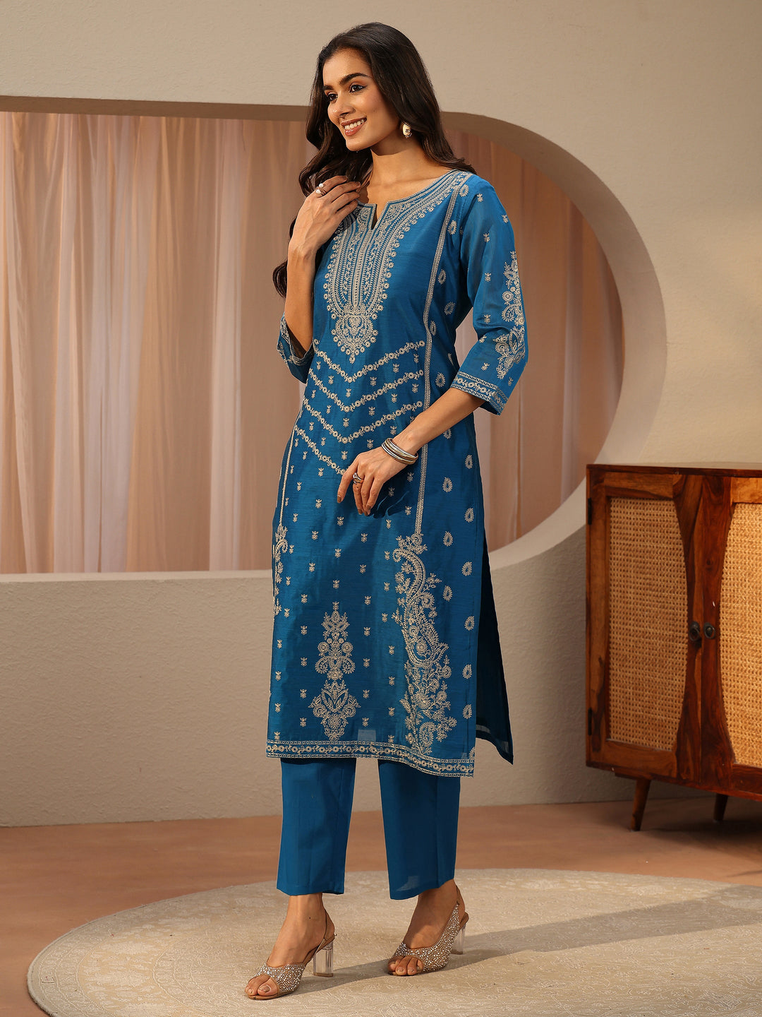  Libas Art Blue Ethnic Motifs Embroidered Silk Blend Straight Suit Set With Dupatta 