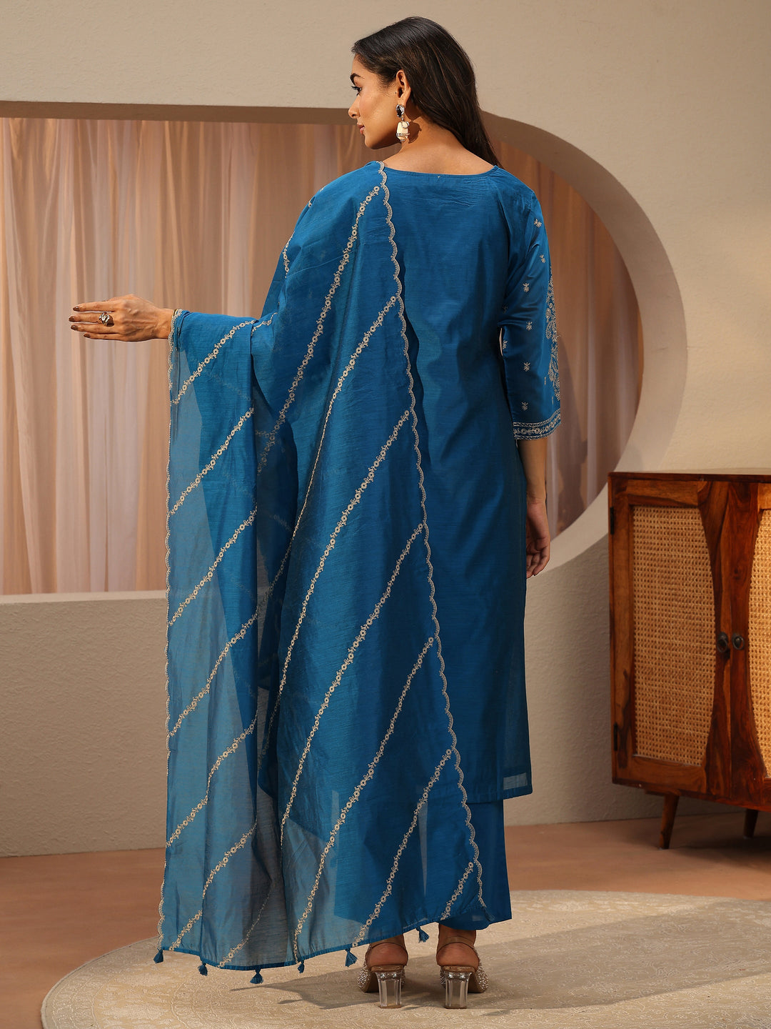  Libas Art Blue Ethnic Motifs Embroidered Silk Blend Straight Suit Set With Dupatta 