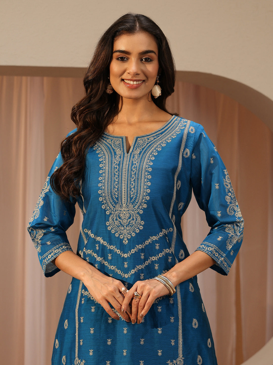 Libas Art Blue Ethnic Motifs Embroidered Silk Blend Straight Suit Set With Dupatta 