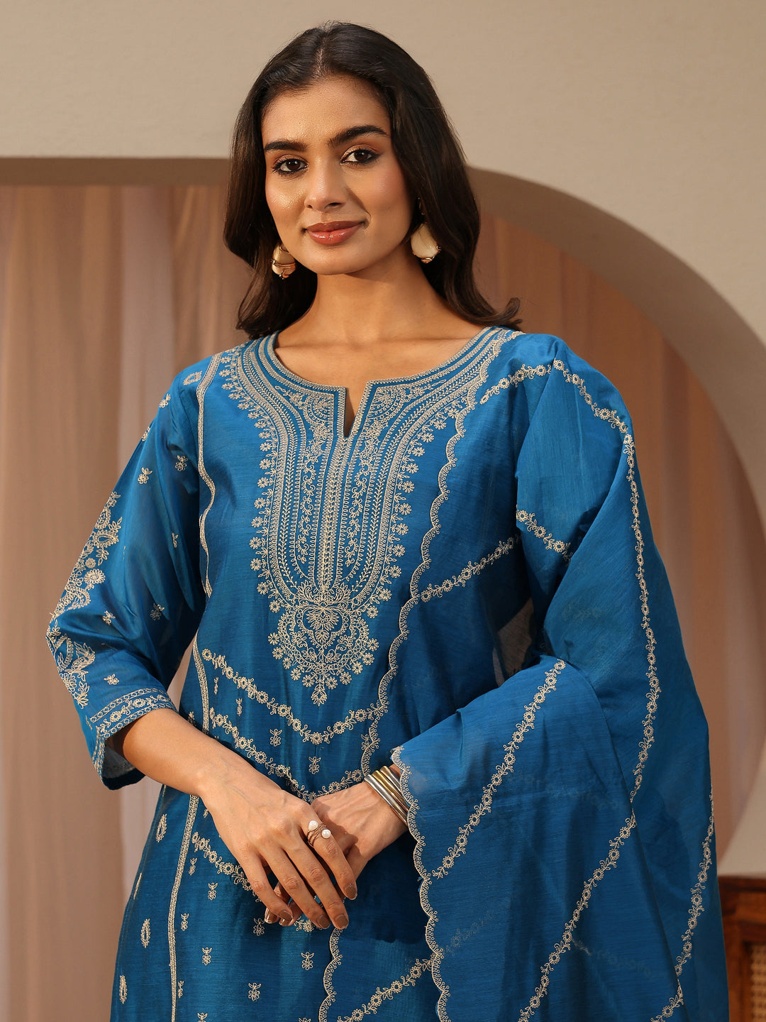  Libas Art Blue Ethnic Motifs Embroidered Silk Blend Straight Suit Set With Dupatta 
