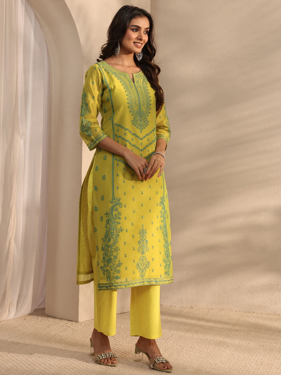  Libas Art Lime Green Embroidered Silk Blend Straight Suit Set With Dupatta 