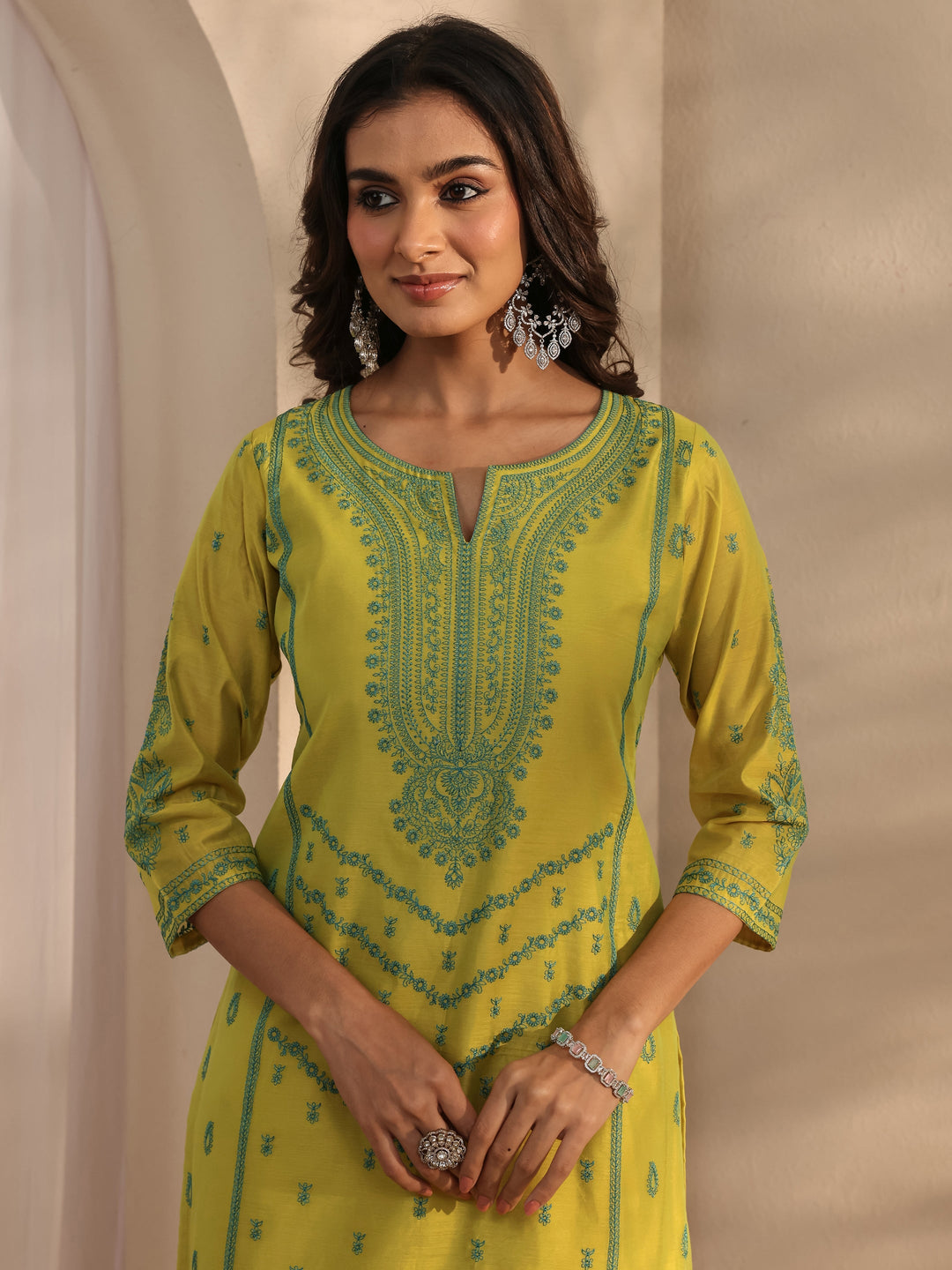  Libas Art Lime Green Embroidered Silk Blend Straight Suit Set With Dupatta 
