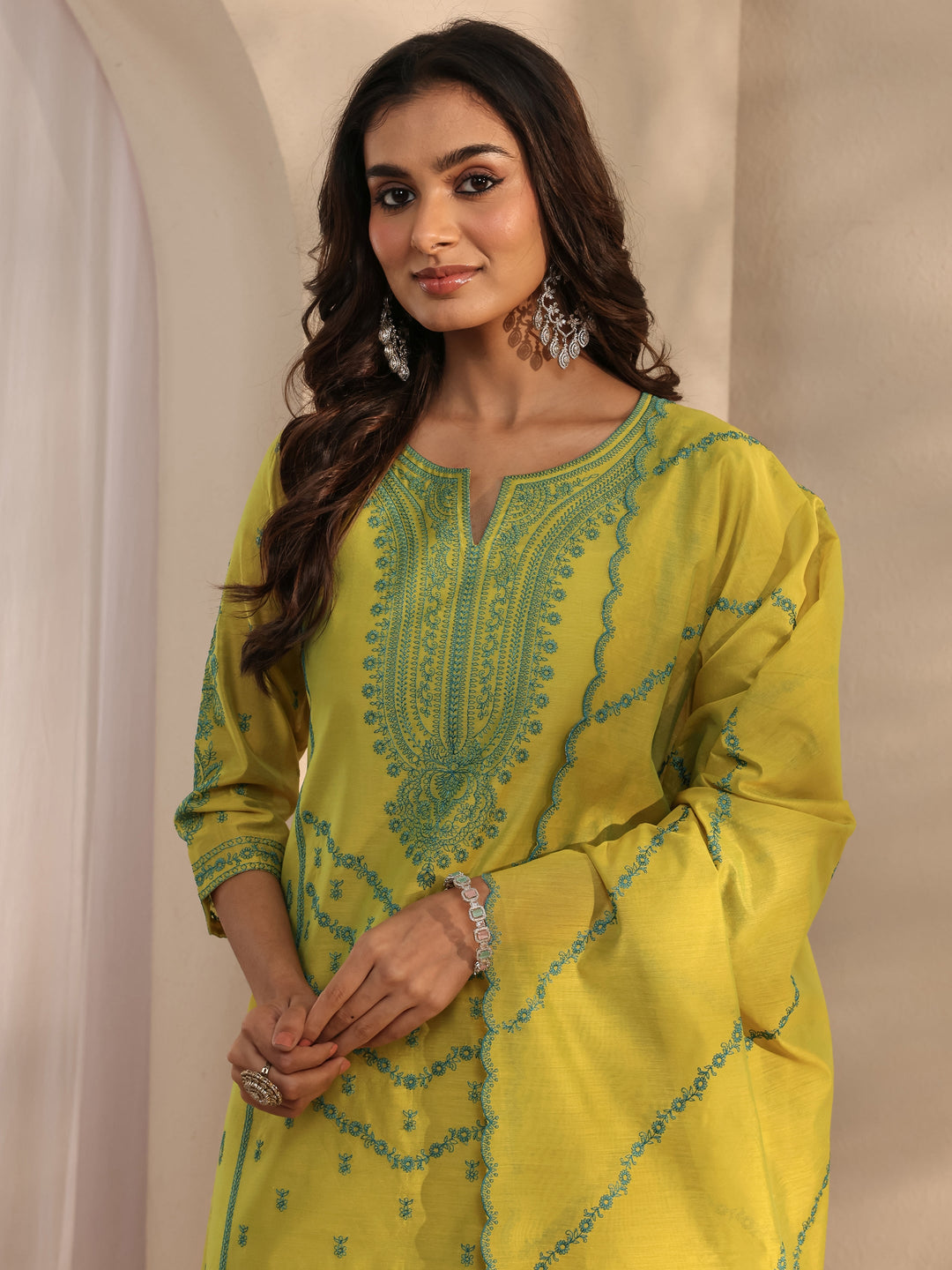  Libas Art Lime Green Embroidered Silk Blend Straight Suit Set With Dupatta 