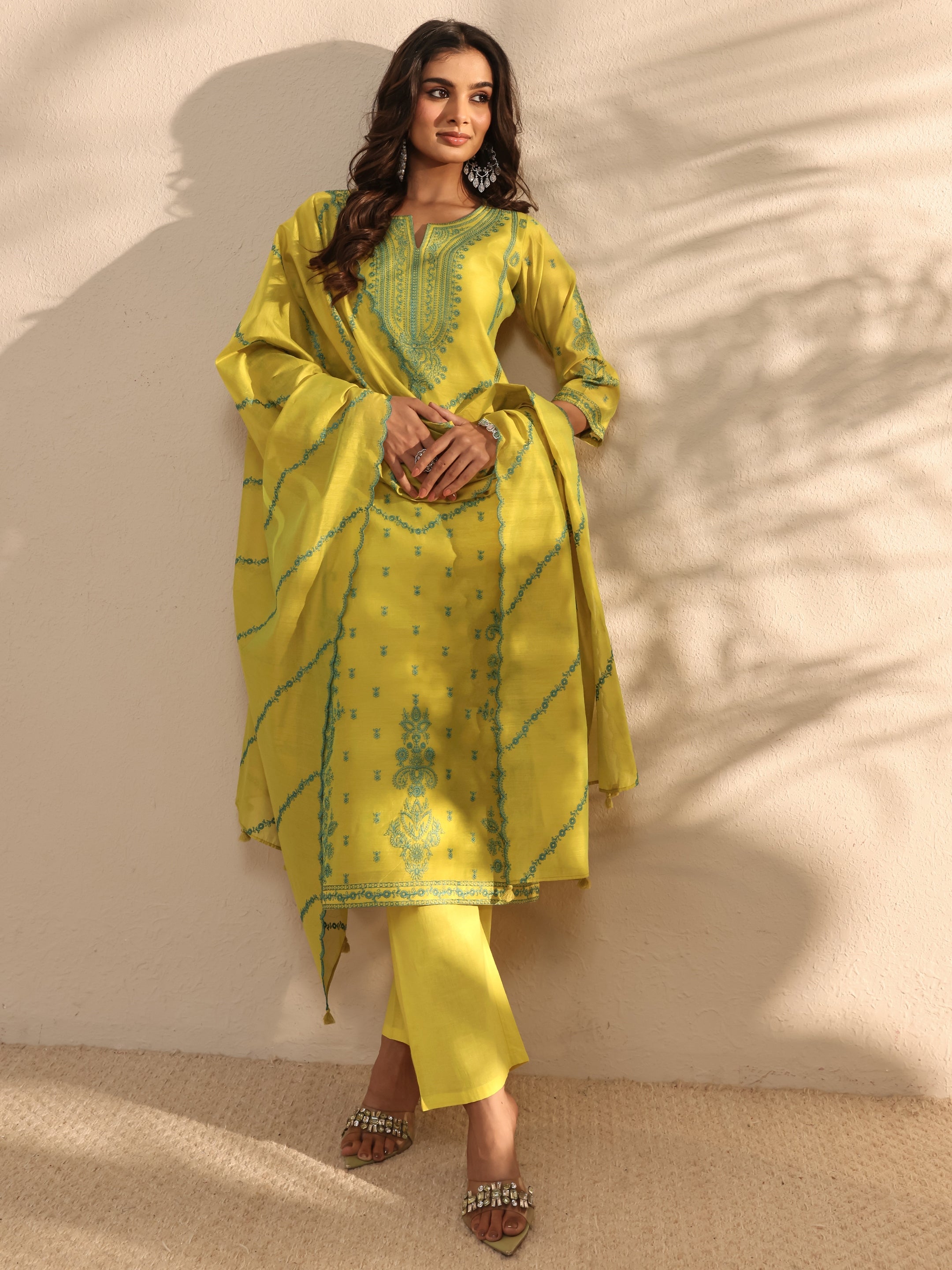 Libas Art Lime Green Embroidered Silk Blend Straight Suit Set With Dupatta-picture-27