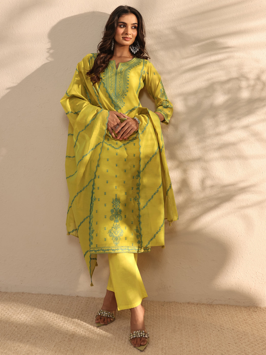 Libas Art Lime Green Embroidered Silk Blend Straight Suit Set With Dupatta